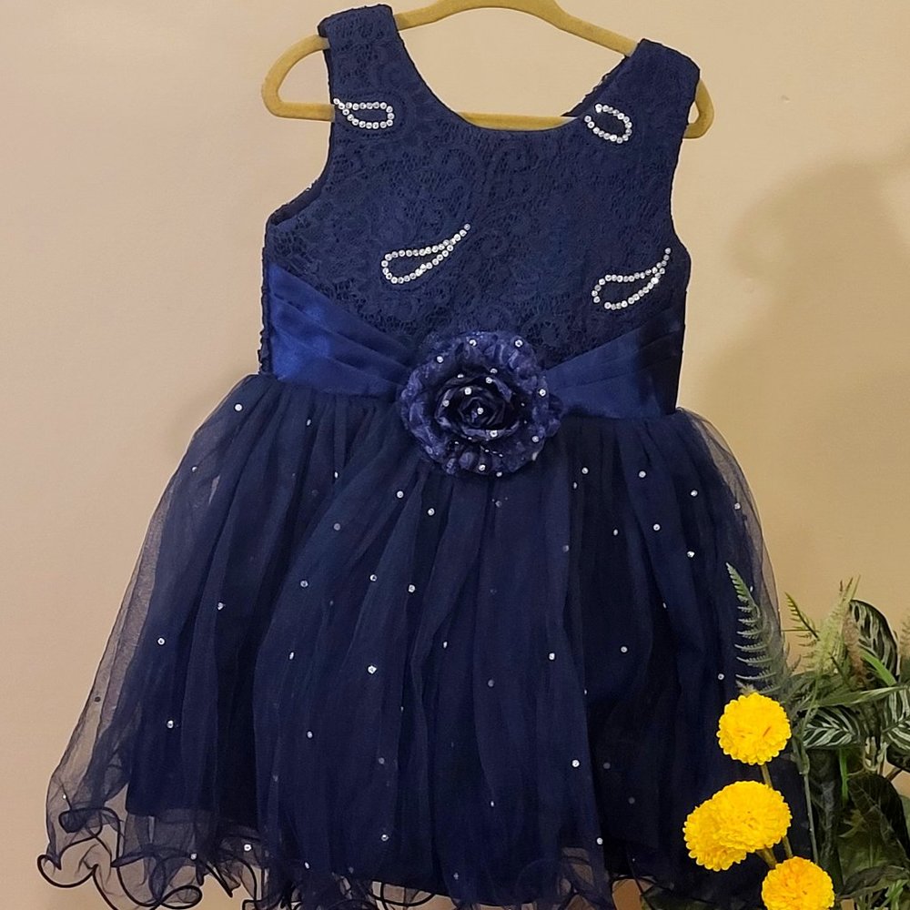 Kid's Navy Blue Frock With Beautiful Flower Bow and Flared For Party or Birthday